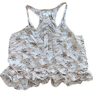 Aerie Taupe Floral Print Ruffle Racerback Top